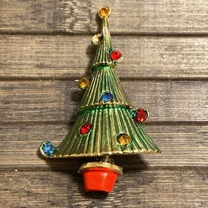 Vintage Festive Christmas Tree Brooch with Colorful Gems